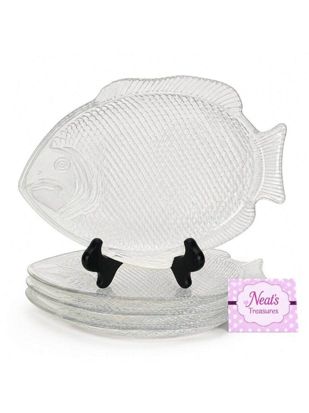 Vintage FISH Shaped Clear Textured Embossed Glass USA 11" x 8" Plates Set 0f 4
